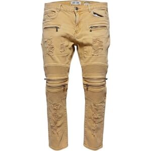DSTRKT Denim Mens Biker Jeans 36x32 Yellow Distressed Moto Slim Fit Pants